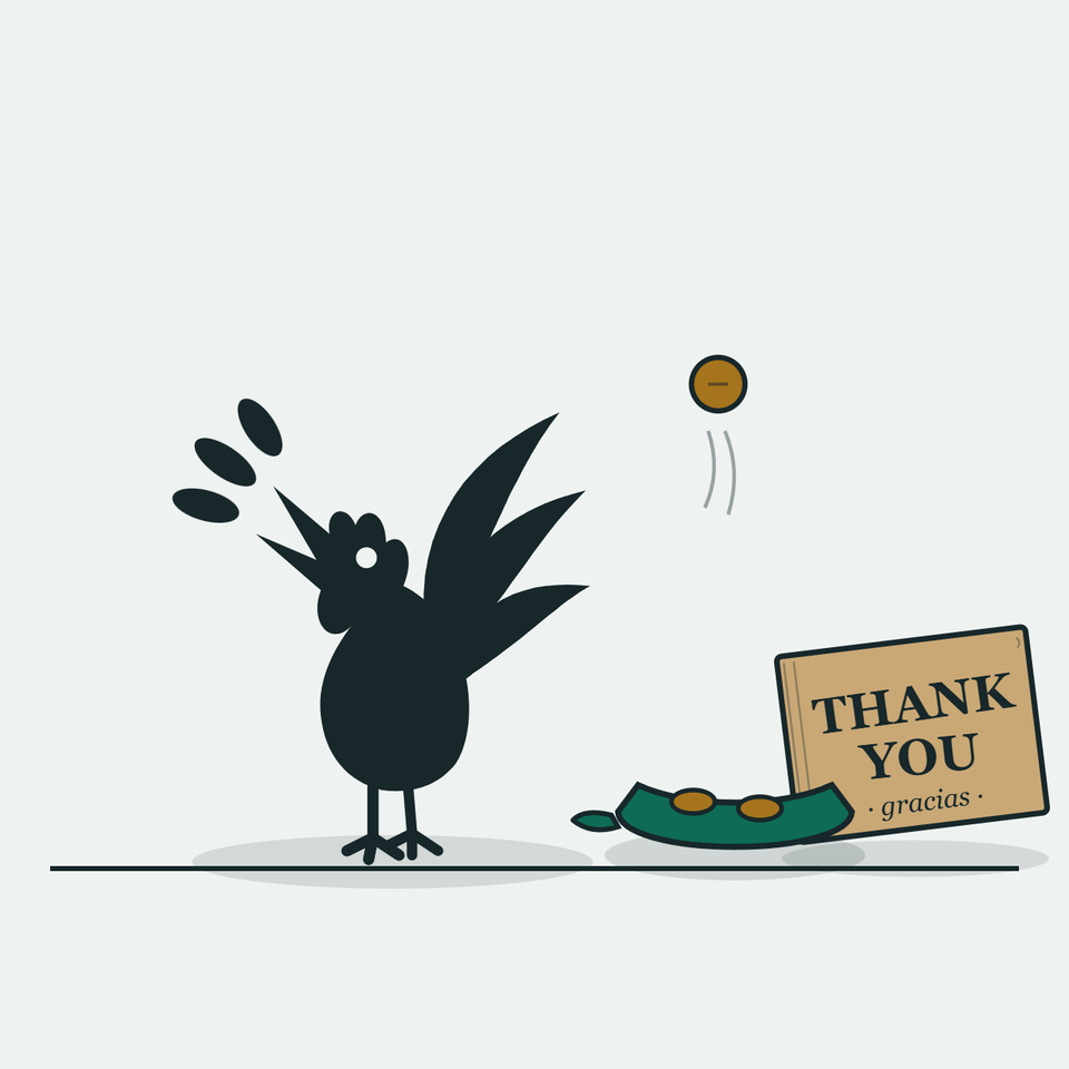 Chanticleer the rooster crows beside an upturned cap holding coins, a cardboard sign reading THANK YOU, gracias, leaning against it / El gallo Chanticleer canta junto a una gorra con monedas y un letrero de cart&oacute;n que dice THANK YOU, gracias